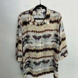Rose Olive Women's 1X‎ Earthy Colors Tie-Dye Collared Button Up Light Blouse Art